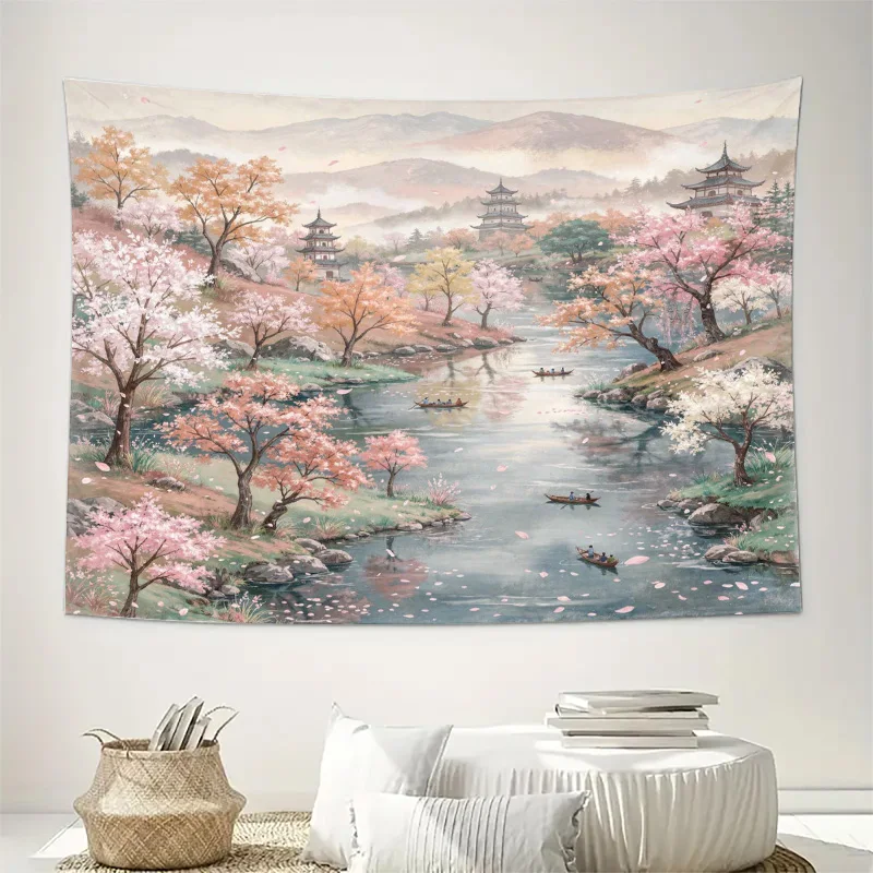 Japanese Chinese Style Cherry Blossom Spring Landscape Tapestry Wall Art Decor for Bedroom Living Room Home Scroll Mural