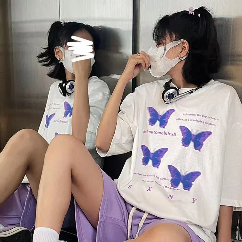 Oversized Women's T-shirts Aesthetic Purple Butterfly Letter Print Graphic T Shirts Y2k Fashion Short Sleeve Harajuku