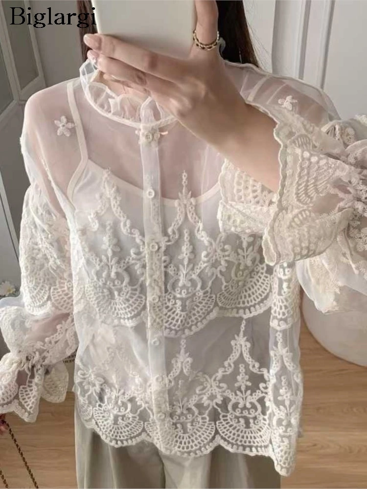

Spring Summer Long Sleeve Mesh Blouses Women Casual Korean Lace Embroidery Blouse Ladies Tops New Fashion Woman Blouse 2026