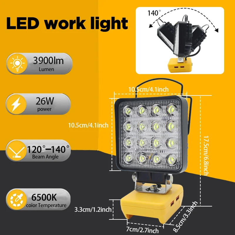 (Without Batteries) Flood Work Light 16LED 30W for DeWalt LED 18V/20V/60V MAX Lithium Battery Light with Low Voltage Protection