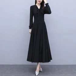 Women's Clothing V-Neck Scarf Collar Solid Color Lantern Long Sleeve Chiffon Pullover Ball Gown Midi Skirts All-match Dresses