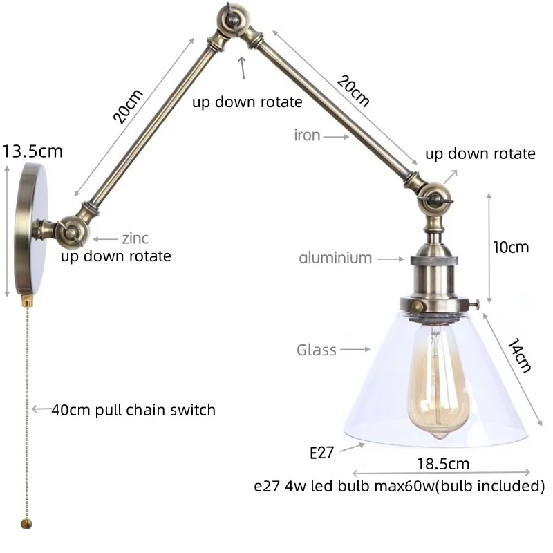 IWHD Long Swing Arm Loft LED Lamps Industrial Vintage Cafe Bar Balcony Bedside Lamp Pull Chain Switch Clear Glass Mirror Light