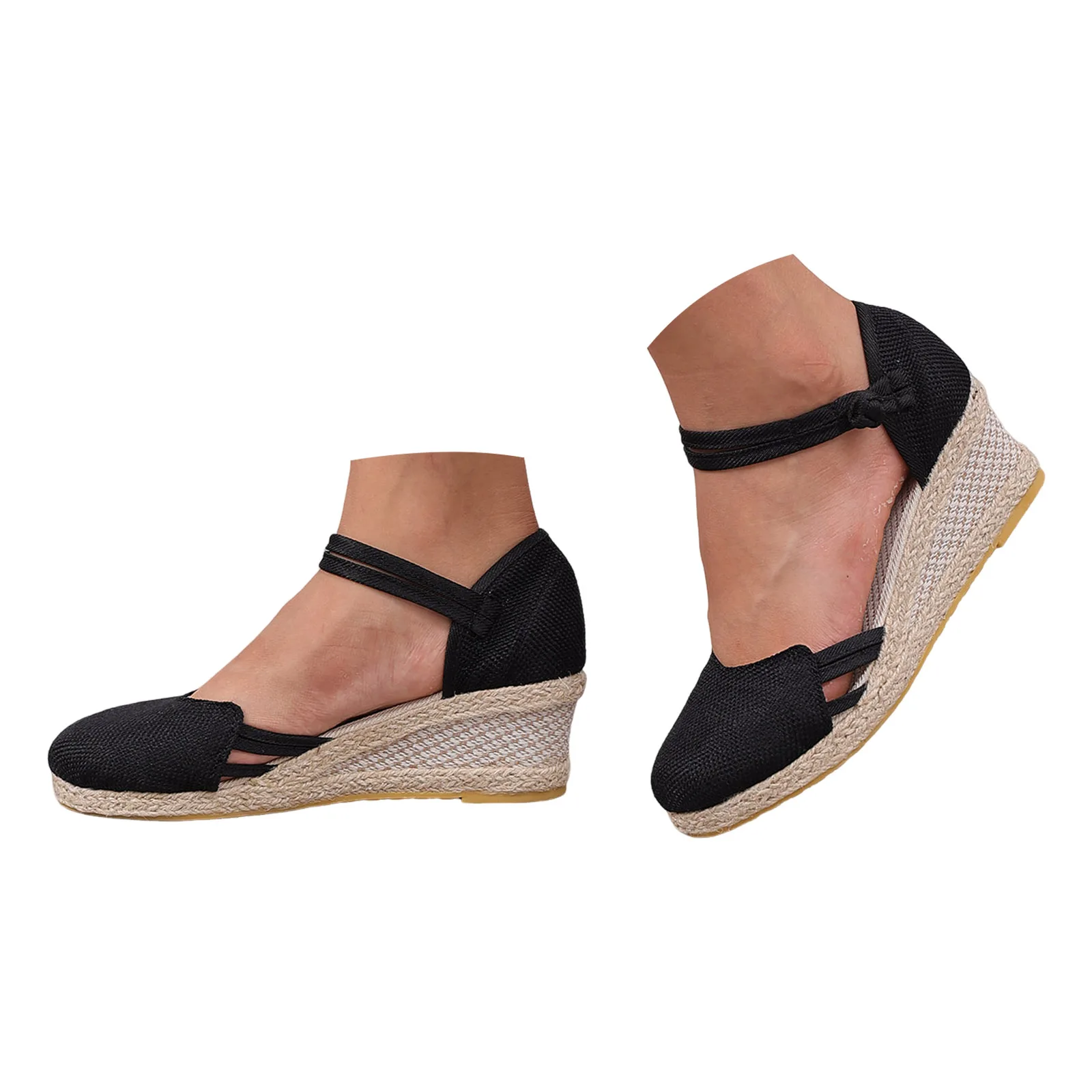 Sandalias de Lino Transpirables y Ligeras de Color Sólido para Mujer, Sandalias de Punta Puntiaguda con Tacón de Cuña y Recortes