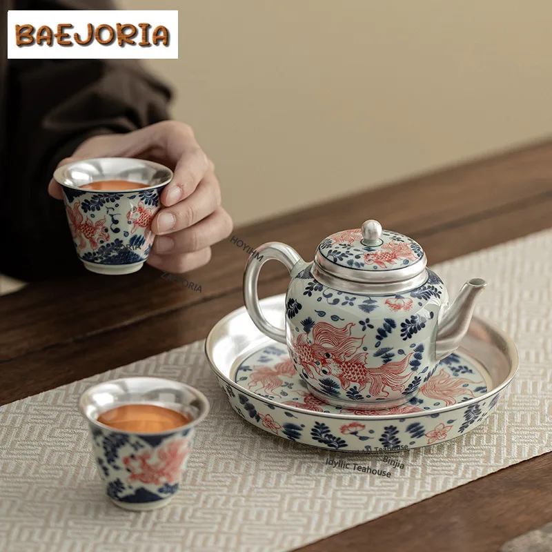 BAEJORIA Gilded Silver Fish Playing Ceramic Tea Set Complete Set Retro Tea Ceremony Set Teapot and Tea Cup Set Tea Equipment Cha