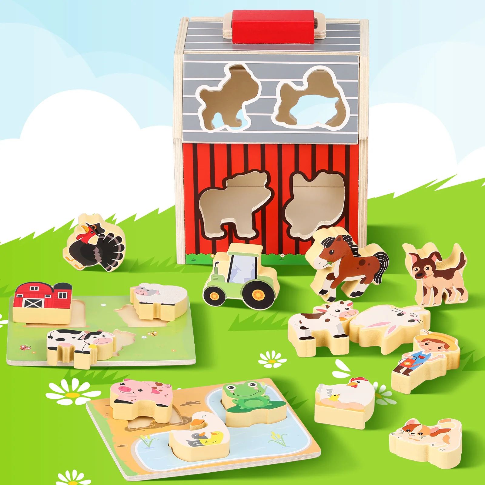 

1Set Toddler Wooden Farm Animals Play Set Preschool Learning Activities Cognitive Growth Hand Eye Coordination Educational