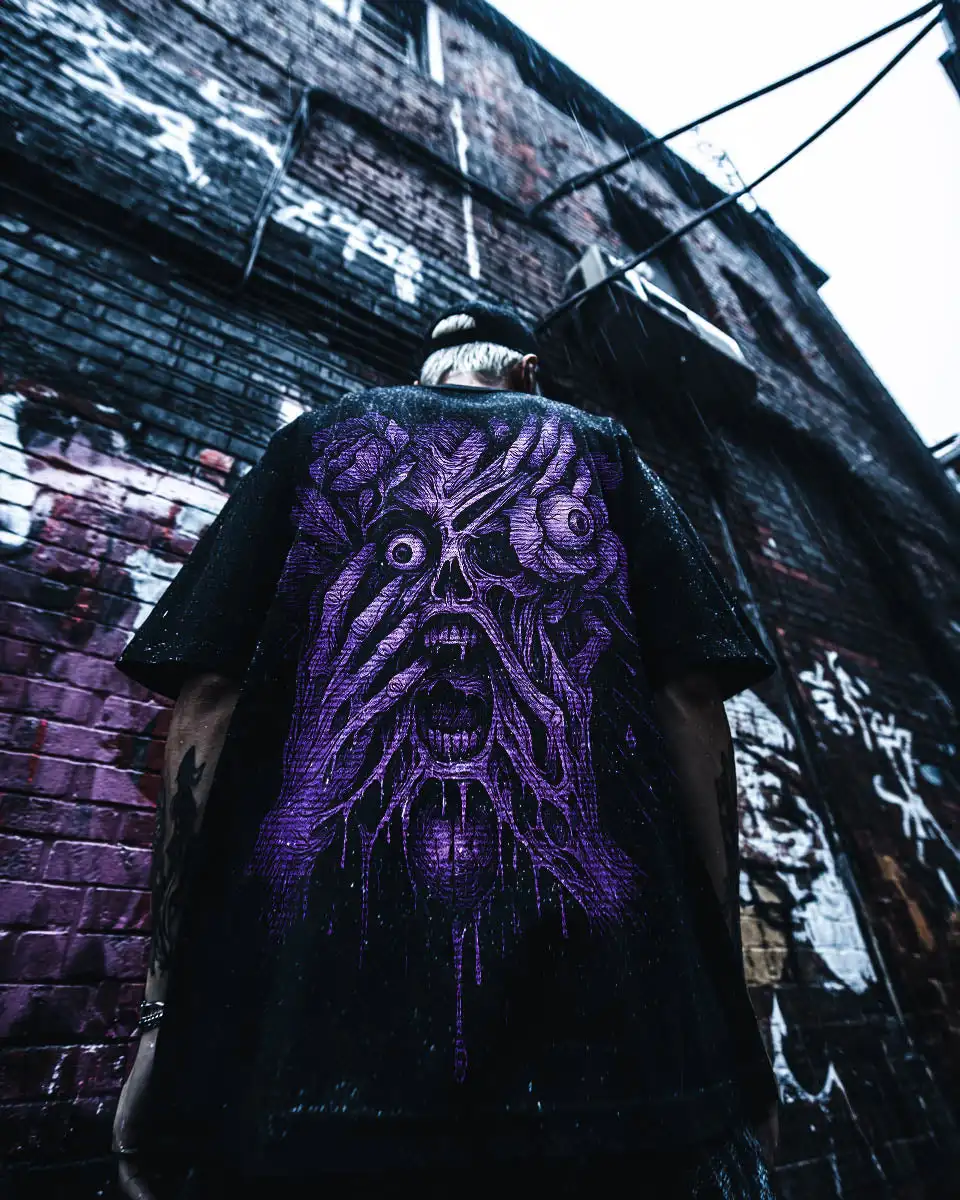 Purple Terror Skull Devil Root Rose Men's Short Sleeved T-shirt Gothic Dark Art Punk Metal Street Wear Casual Top