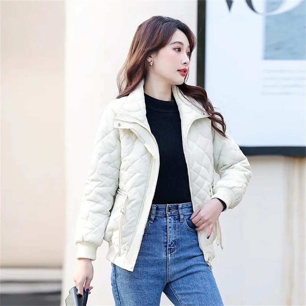 Women Winter New Rhombic Lattice Korean Standing Colla Lightweight Cotton Coat Fashionable Temperament Short Down Cotton Jacket