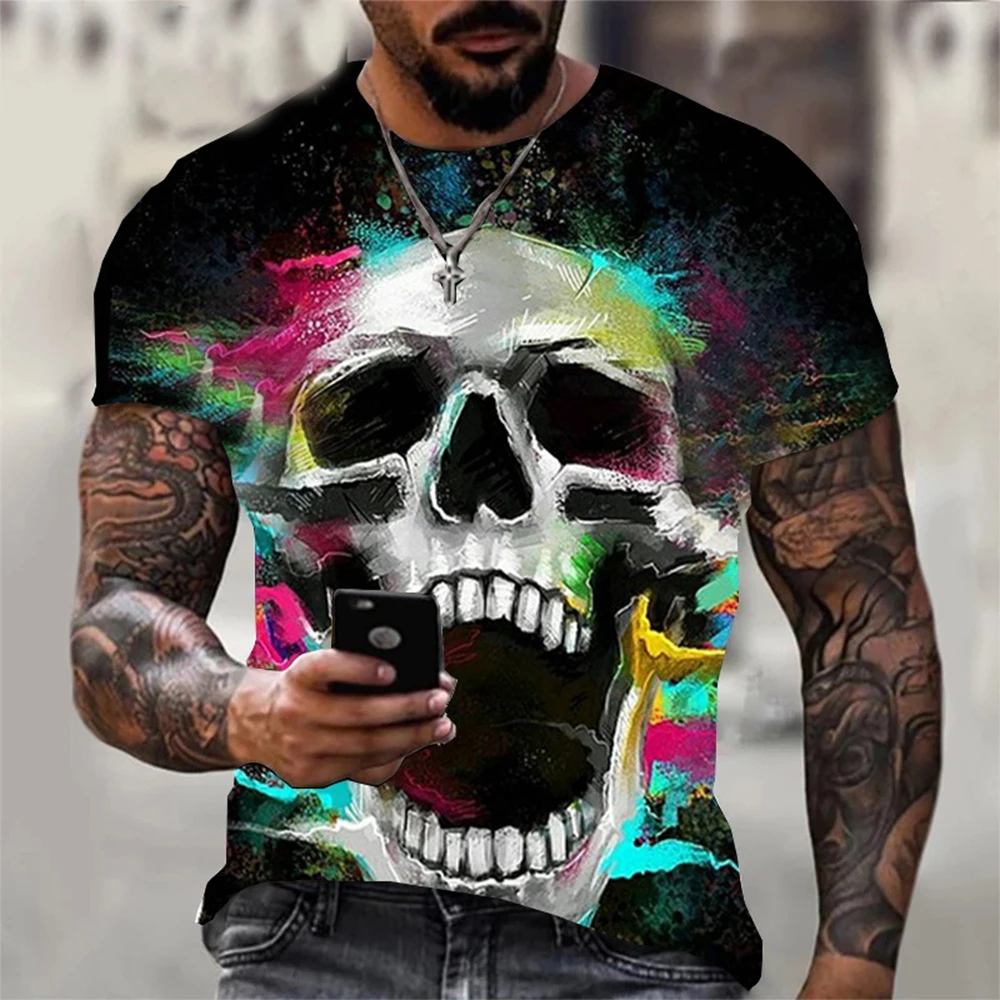الرجال الصيف 3D المطبوعة الجمجمة شخصية بارد طباعة نمط الشرير الصخرة الرجعية الرجال العصرية بارد قصيرة الأكمام تي شيرت #5