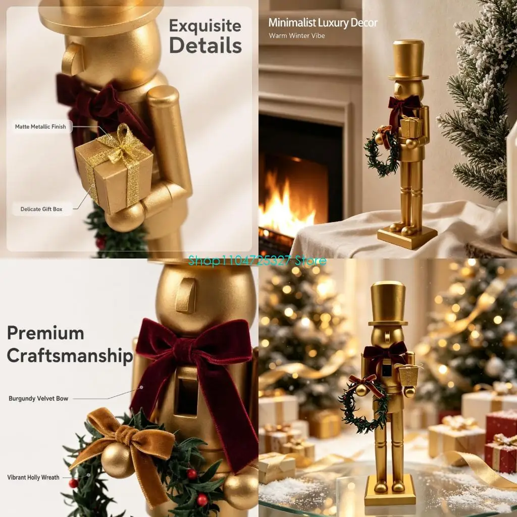 D8KF Mantels Display Christmas Nutcrackers Figurine, Matte Gold Wooden Holiday Tabletop Decors with 15Inch Height and Festive