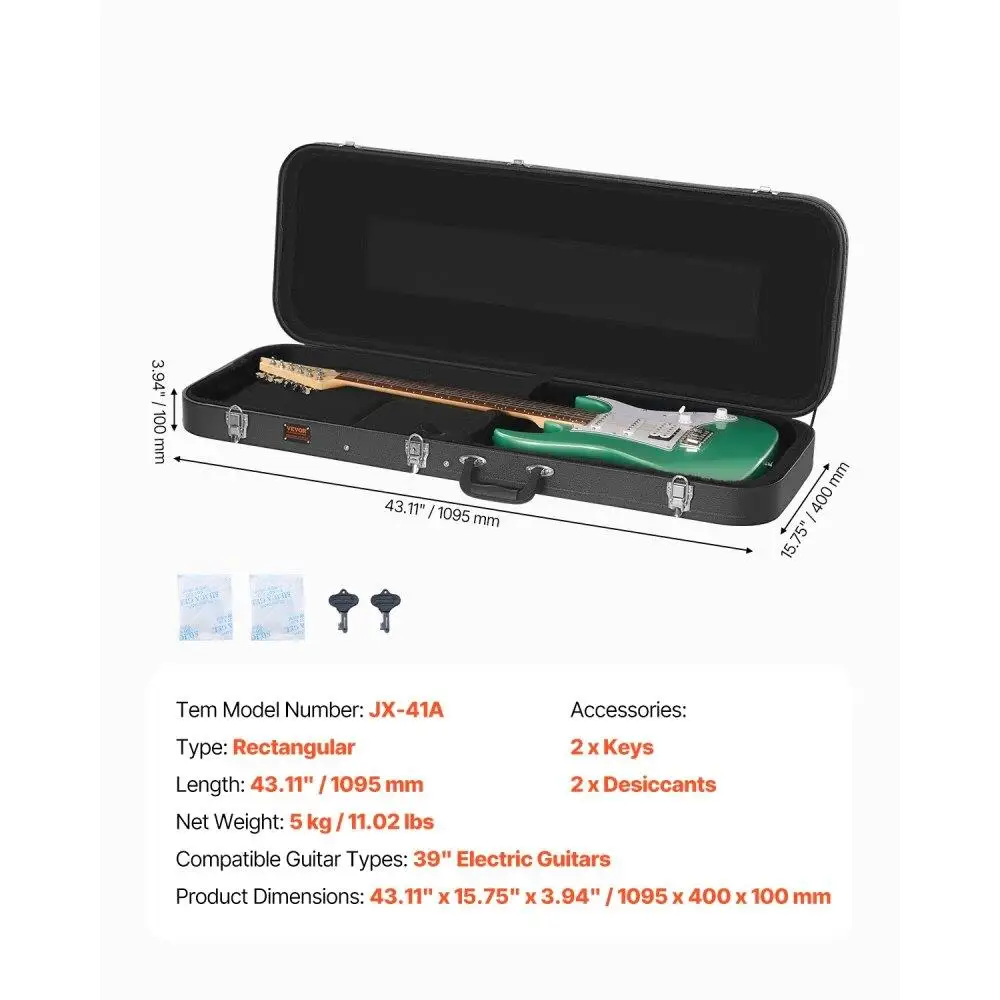 43インチのエレキギターハードケース、ロックと鍵付き、安全な保管と輸送用