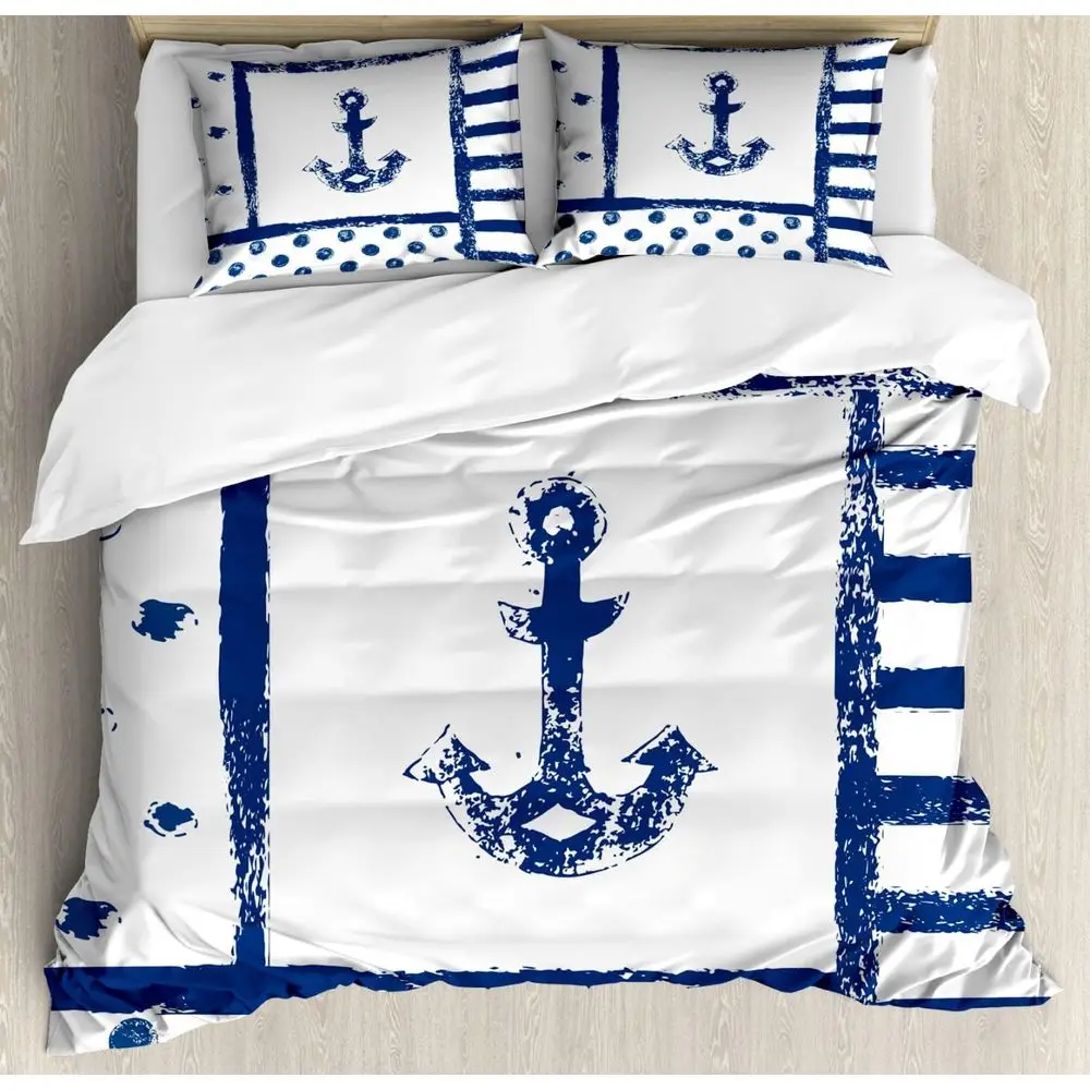 

Nautical Polka Dot & Stripe Duvet Cover Set, Retro Marine Art, 2-Piece Queen Size, Blue & White