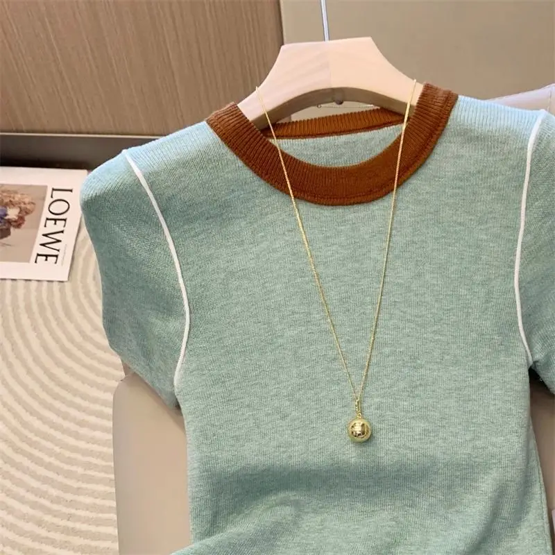 Femme Summer Fashion Simplicity Color Blocking O-neck Short Sleeve Women Clothing Trend Patchwork Fashionable Cotton Slit-shirt
