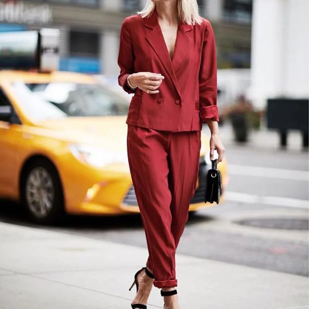 

Casual Women's Suit Double Breasted Set Woman Two Pieces Casual Elegant Flat Collar Blazer Pants Suit Loose Full Sleeves Jacket