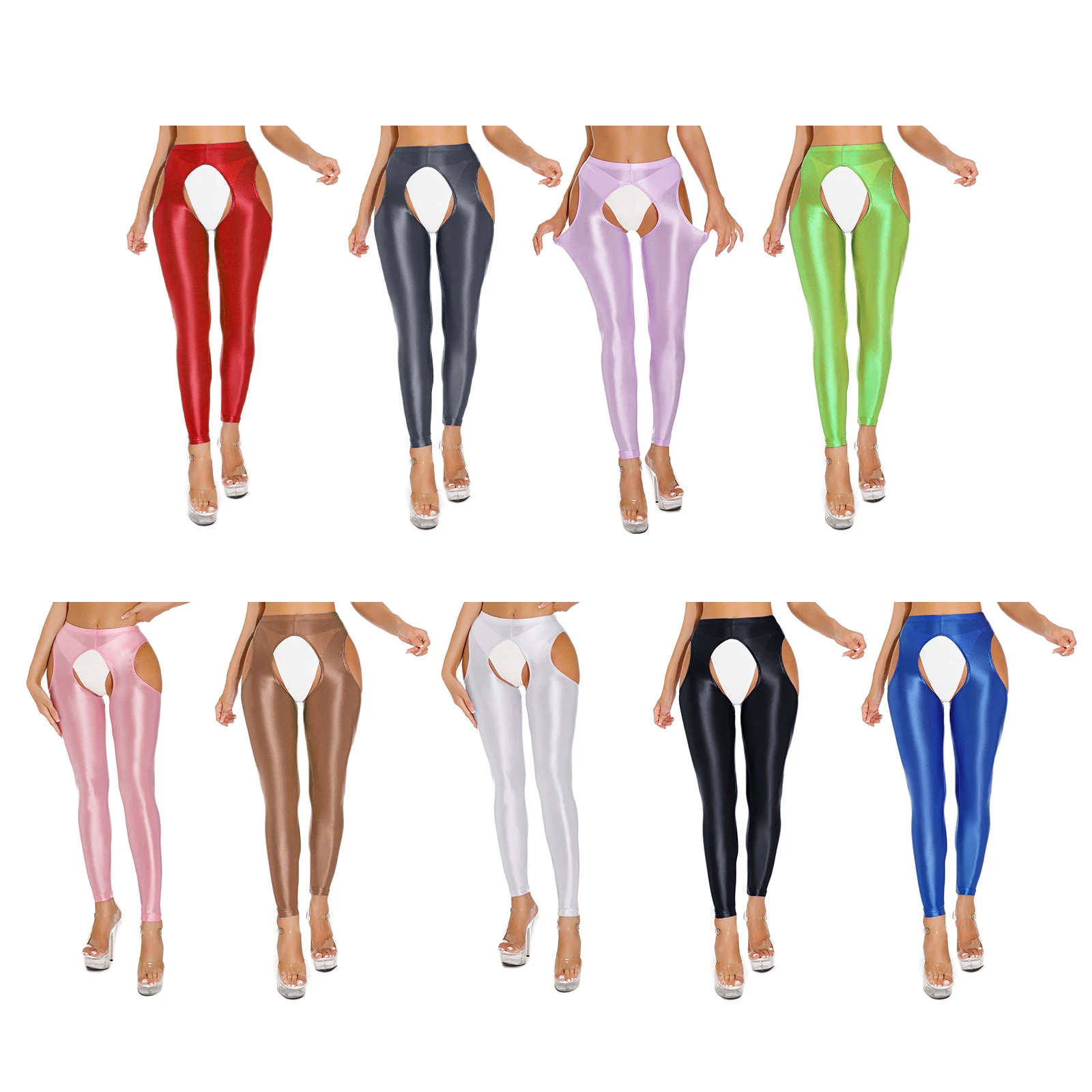 Womens Glossy Cutout Leggings High Waist Open Crotch Thigh Hollow Out High Stretchy Pants Yoga Workout Skinny Pants