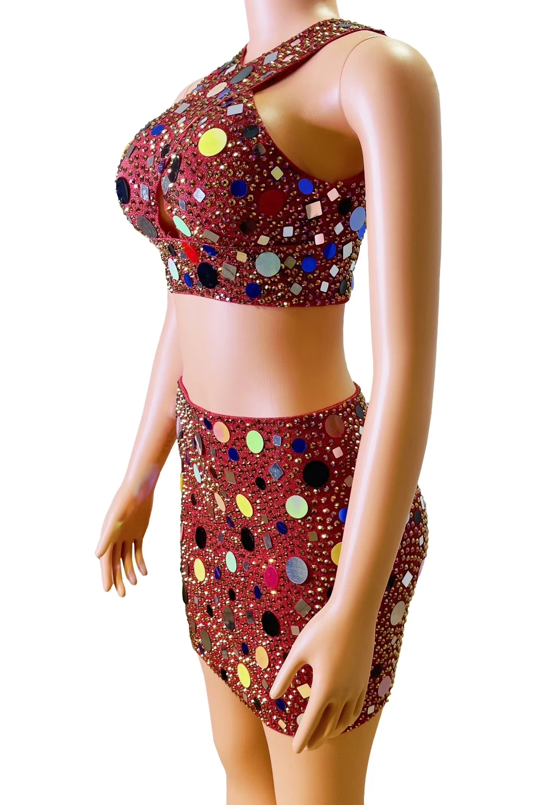 Spicy Girl Outfit Crop Tops Skirt Mini 2Pieces Set Red Streamer Theme Party Sequins Rhinestone Dress Suit Dance Wear Xiaohong