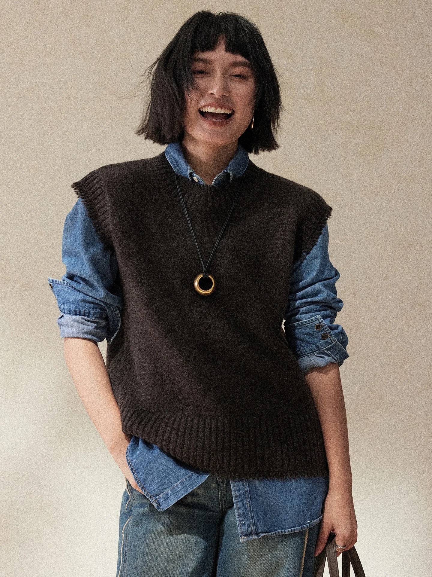 

Loose Knitted Woolen Vest ort Beard Svel round Ne Women's Sweater Comfortable Commute Sle High Elastici Daily Wear