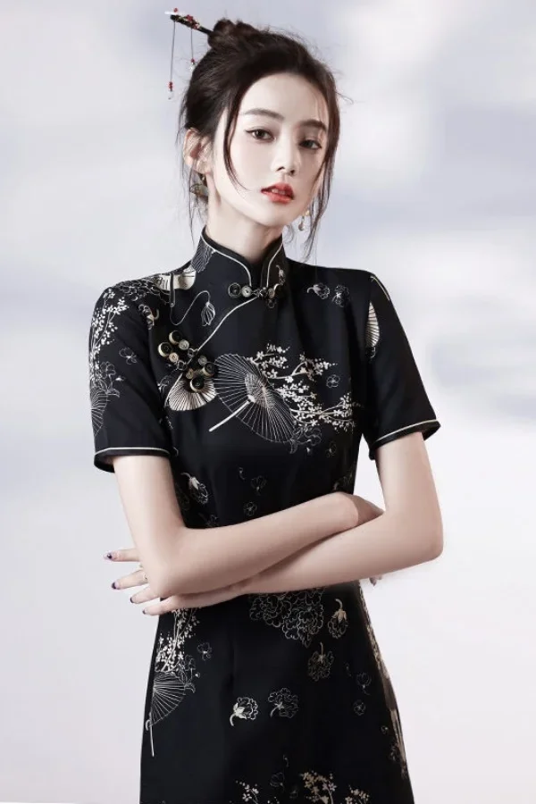 

Black Vintage Cheongsam Women's Summer 2025 New China-Chic Improved High-end Temperament Young Summer Short Sleeved Dress Qipao