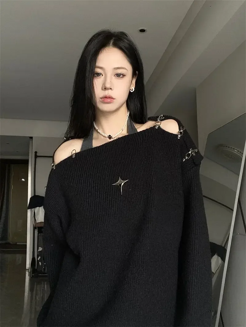 Sexy Off Shoulder Slash Neck Pullover Sweater Autumn 2024 Loose Casual Solid Jumpers Harajuku Vintage Fashion Y2k Tops Grunge