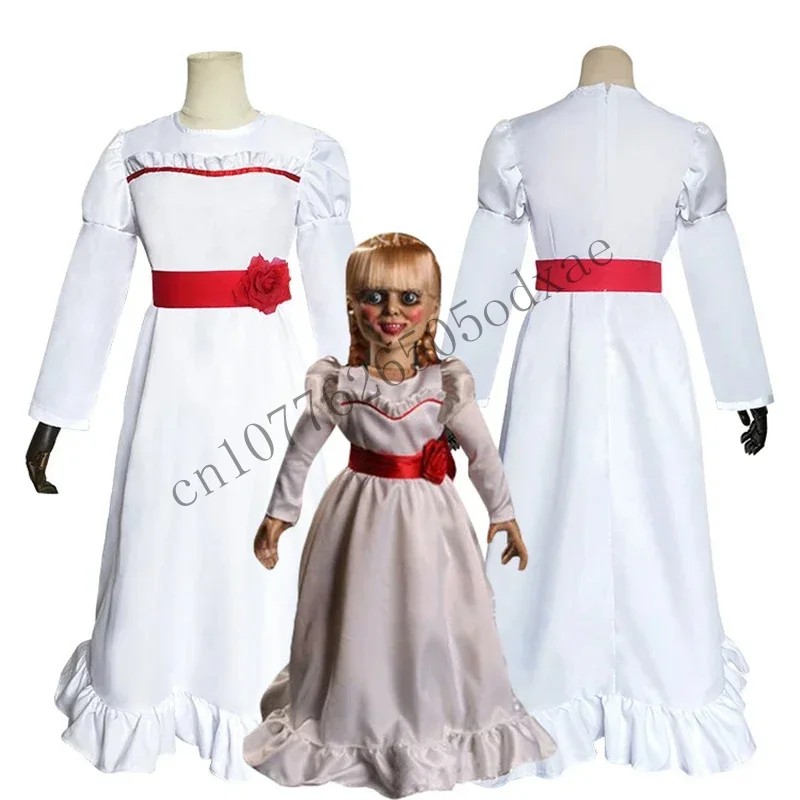 Movie ConjingDoll Annabelle Cosplay Costumes Ghost Doll White Princess Dress Skirt Women Girls Kids Wig Hair Hello CMM1401