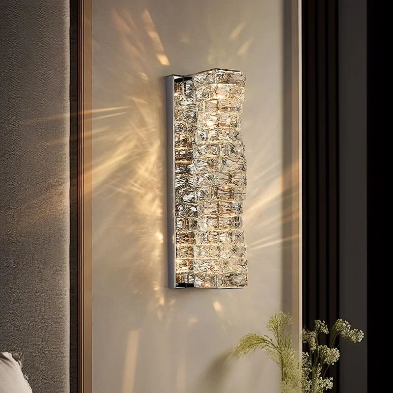 

Light Luxury LED Crystal Wall Lamp Nordic Bedroom Bedside Lamps Modern Stainless Steel 3-color Dimming Wall Lights for Home