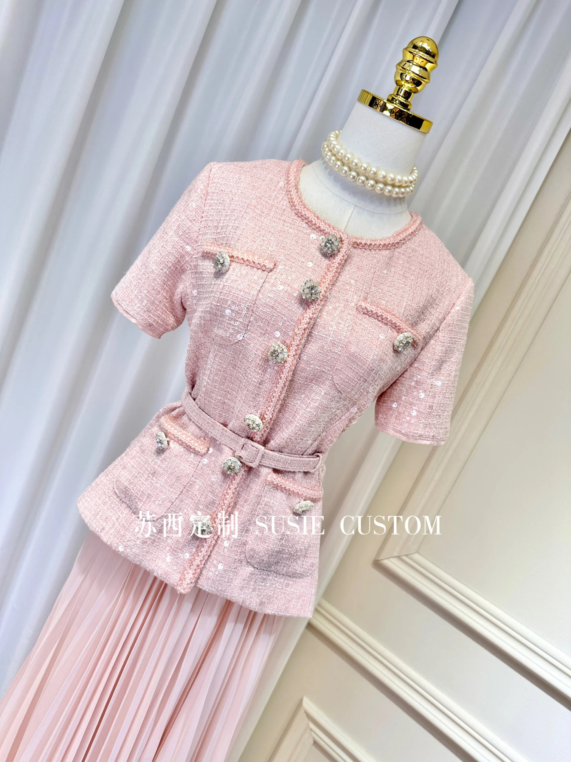 French Socialite Sequins Diamond Buckle Short Sleeve Tweed Top Elastic High Waist A-line Pleated Long Skirt Two-piece Set Women