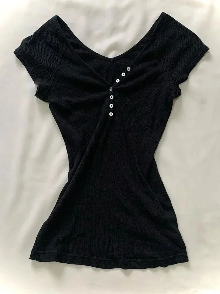 

Y2k Эстетическая модная футболка на пуговицах в стиле гранж, однотонные футболки с короткими рукавами Kpop Streetwer, шикарная дизайнерская одежда, сексуальная тонкая футболка