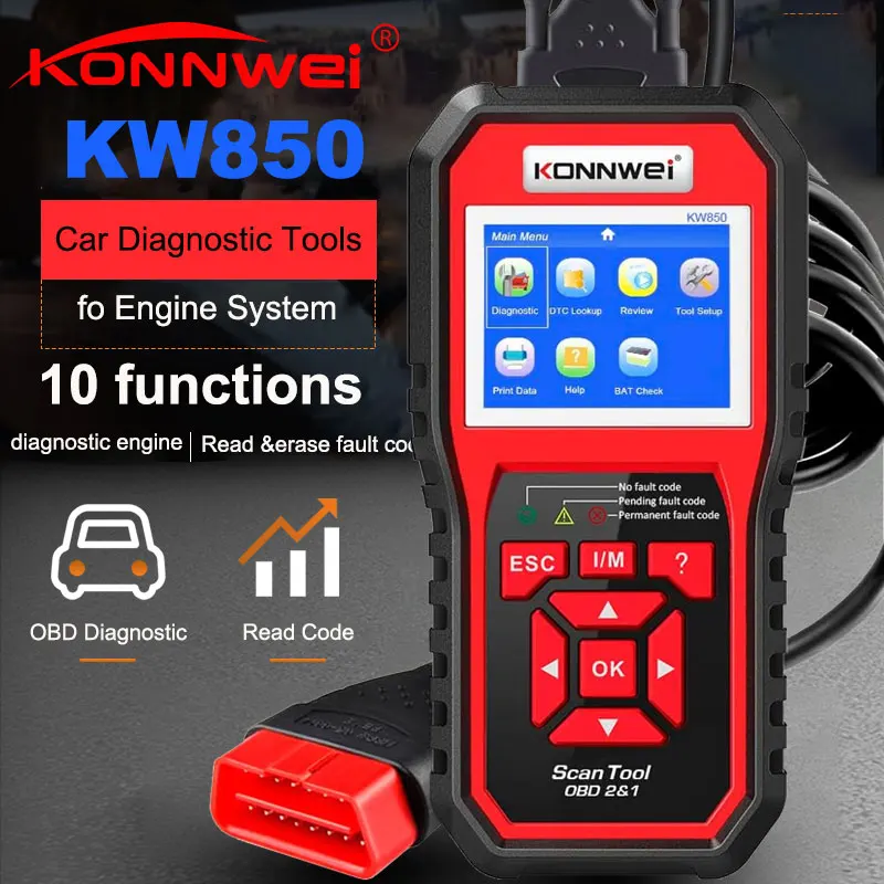 2024 KONNWEI KW850 escáner OBD2 profesional lector de código automático comprobación de diagnóstico herramienta de escaneo de luz del motor para coches OBD II después de 1996