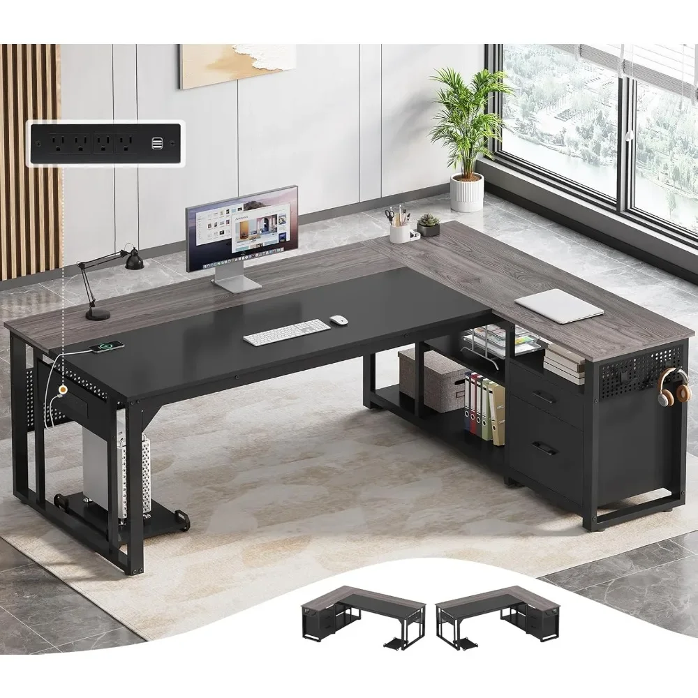 

71 in Executive Desk with Power Outlets, Reversible L Shaped Computer Desk with File Drawers & Storage Shelves, Large Office