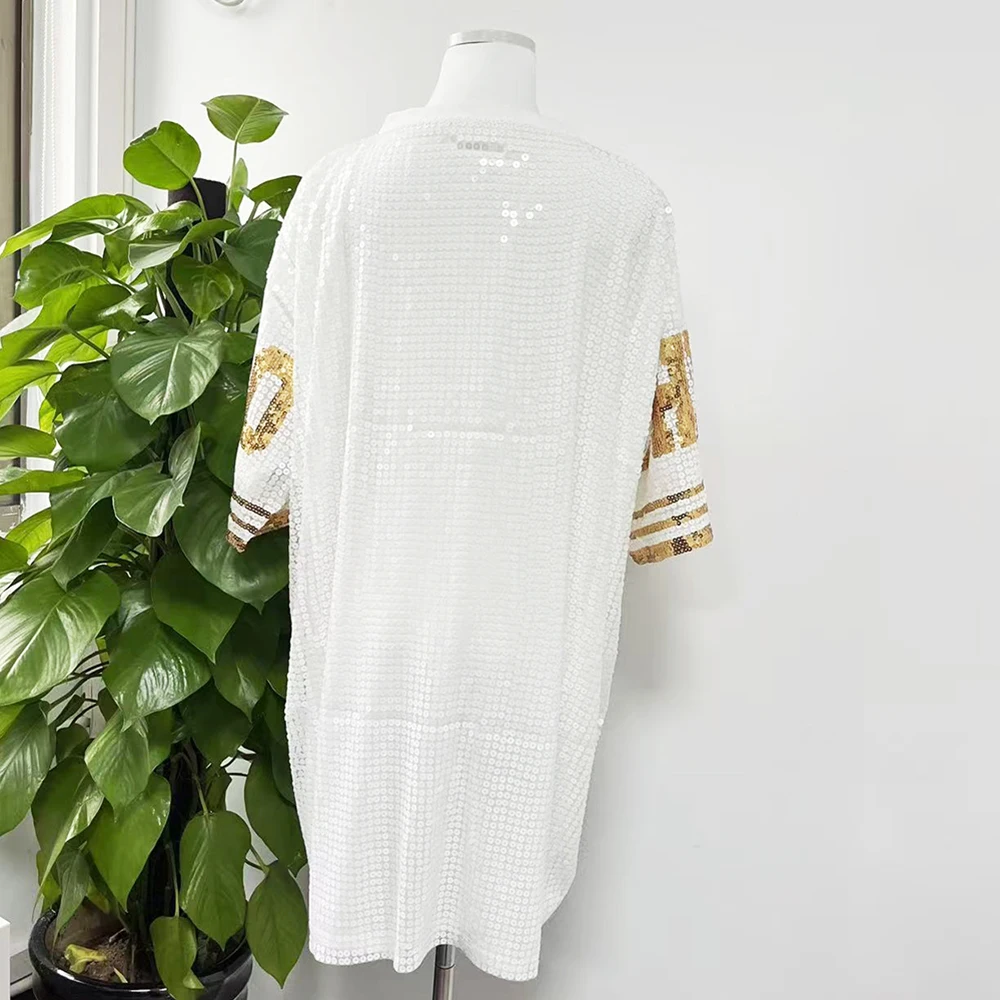 Gold & White Custom Logo Crew Neck Shield 1943 Sorority Sleeve Sequined Philo T-Shirt