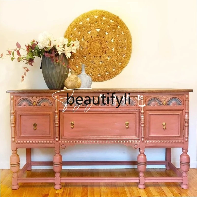

French retro solid wood carving flower porch cabinet retro decorative cabinet household wall locker