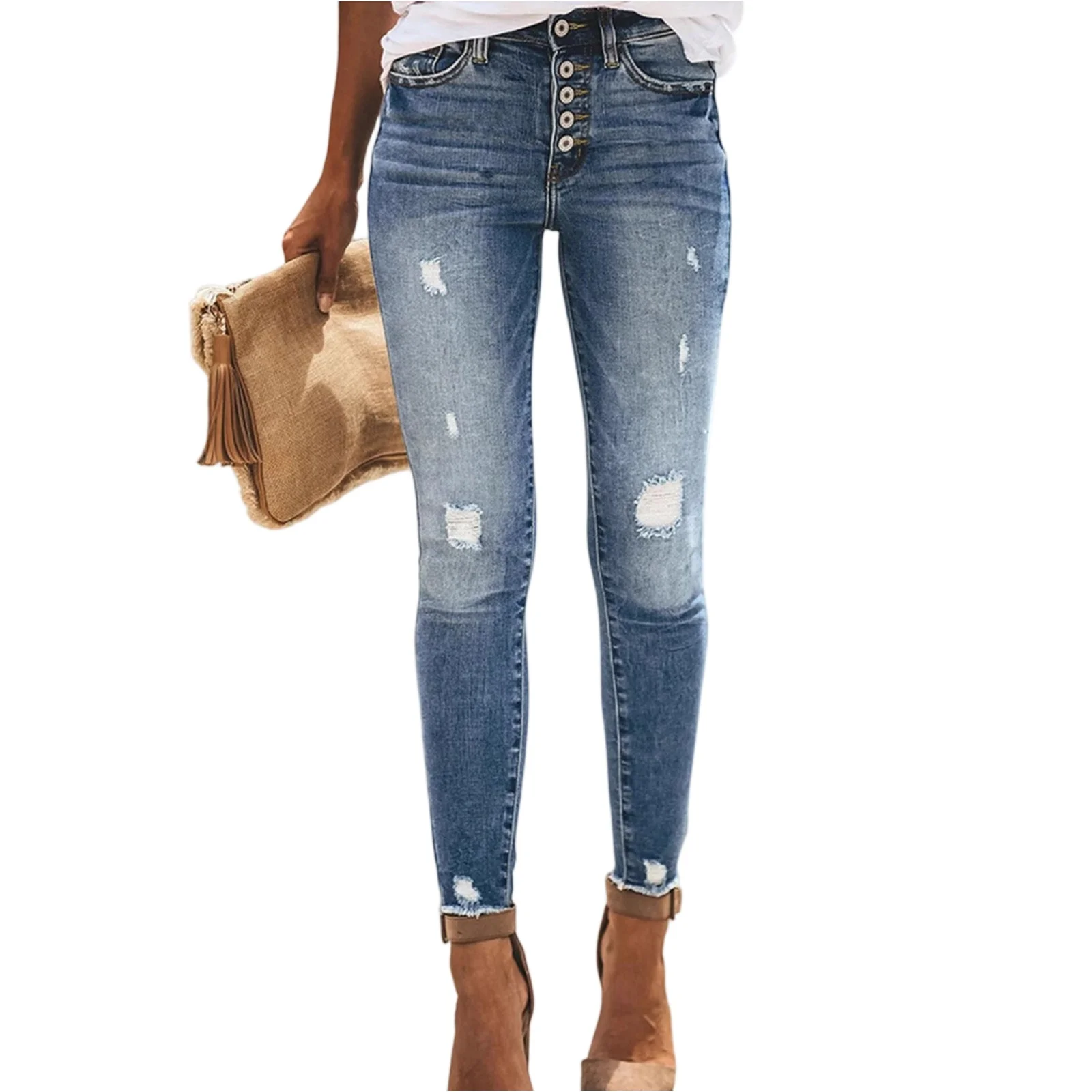 

Женские однотонные модные брюки, облегающие прямые джинсовые джинсы, повседневные удобные дышащие повседневные джинсы с высокой талией 2025