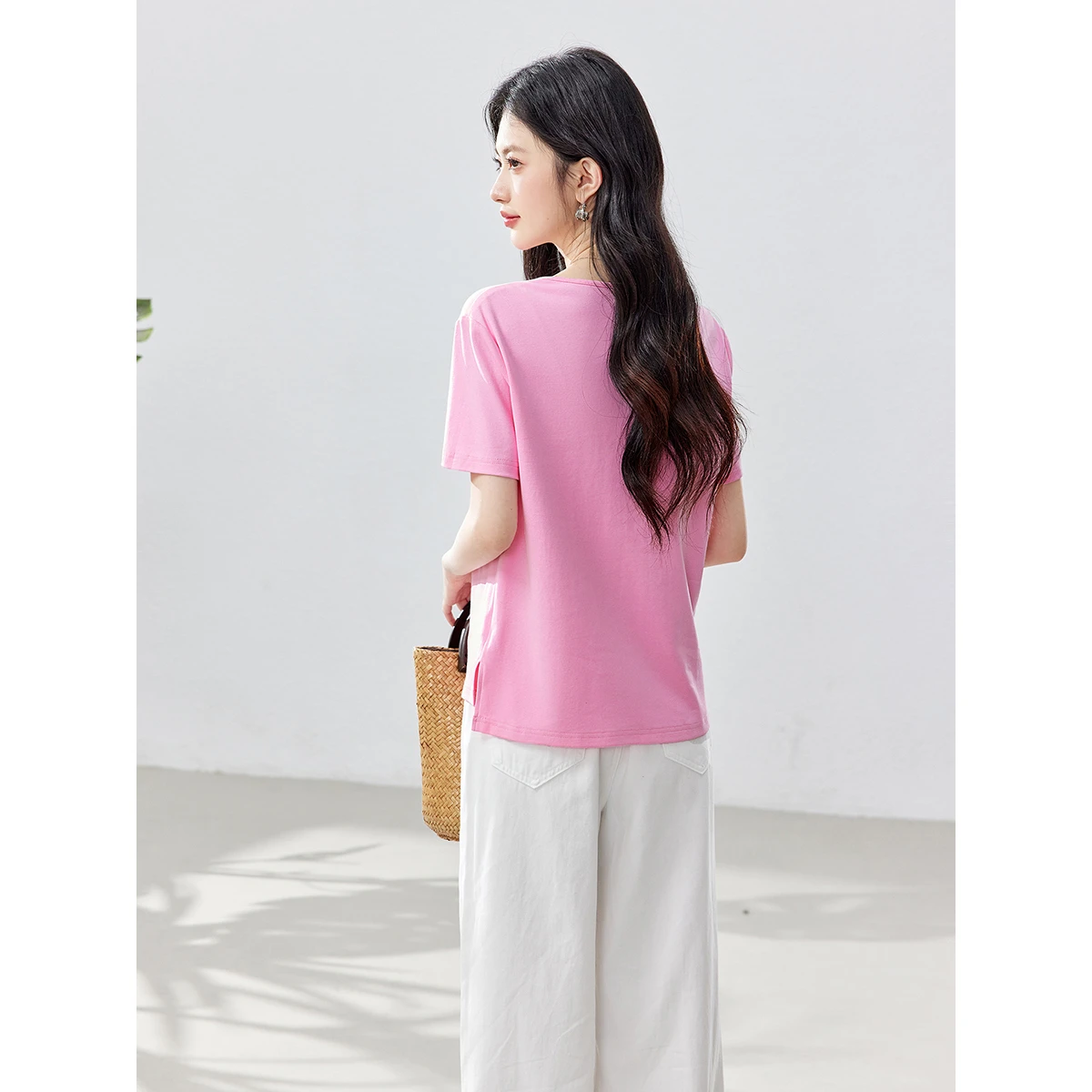 VIMLY Chinese Style Pink Short Sleeve Top Women 2026 Summer Crew Neck Asymmetric Frog Buttons Loose Casual Daily T-Shirt A6359