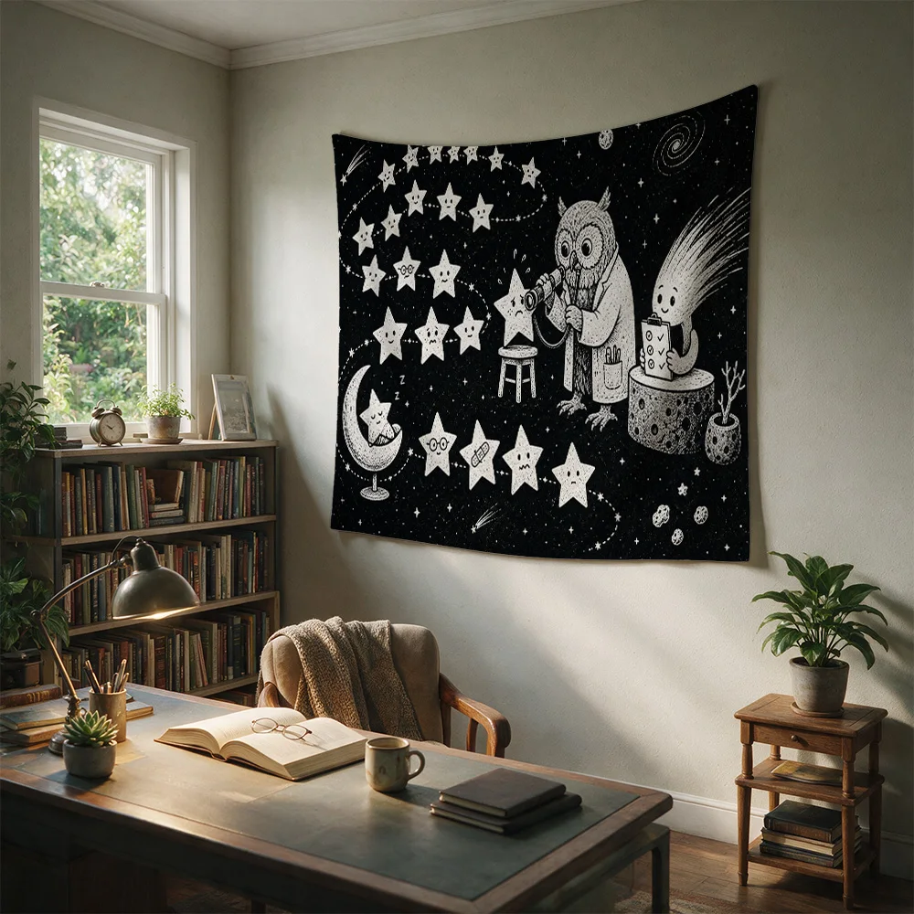 Nursery Moon Stars Owl Constellation Boho Nursery Wall Hanging Tapestry Black Background Kids Room Decor