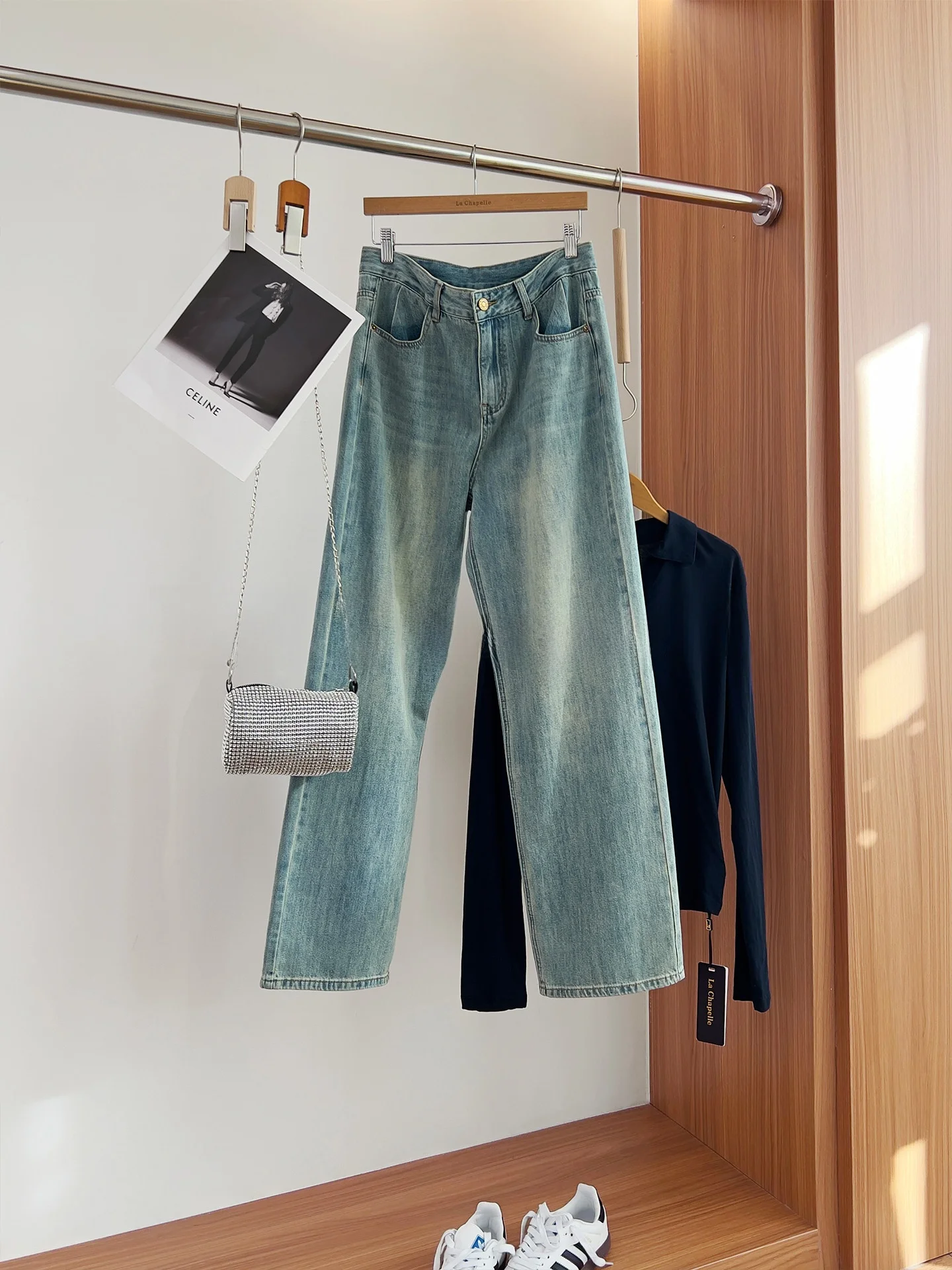 

La Chapelle Women's Straight Leg Jeans Faion Slimming Light Blue Commute Friendly One Button Design Spring Long Trousers