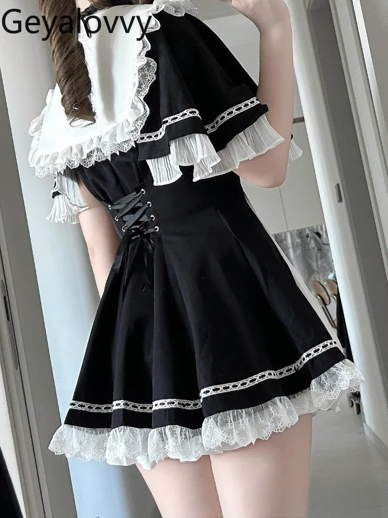 النمط الياباني الحلو لطيف الفتيات البحرية طوق عالية الخصر التخسيس قصيرة الأكمام القوس كيب اللباس وقاعدة السراويل قطعتين مجموعة