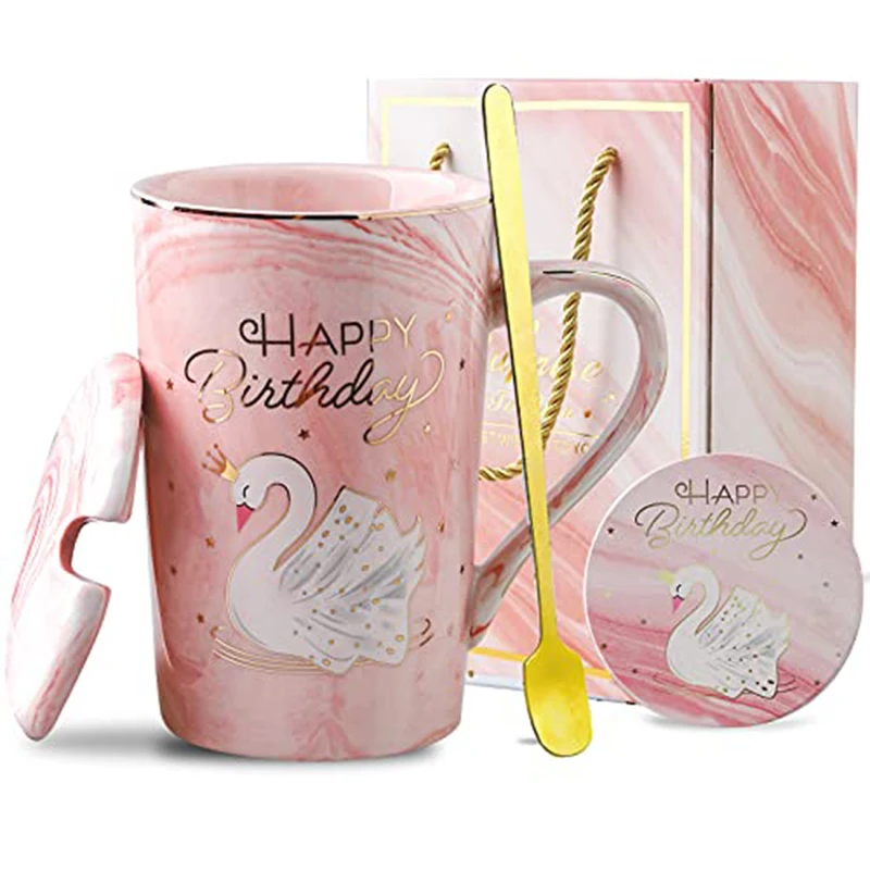 Happy Birthday Ceramic cup Noble White Swan cup Coffee cup The best gift set for couples