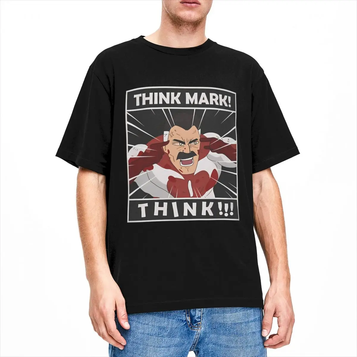 Vintage THINK MARK! Invincible Omniman T-Shirts for Men Women Crewneck Pure Cotton Funny Comics Short Sleeve Tees Original Cloth