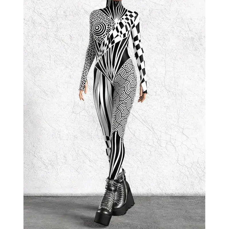 أسود أبيض غير النظامية سايبر الفن شريط بذلة عطلة حفلة تأثيري حلي هالوين يظهر النساء ارتداءها أداء Zentai