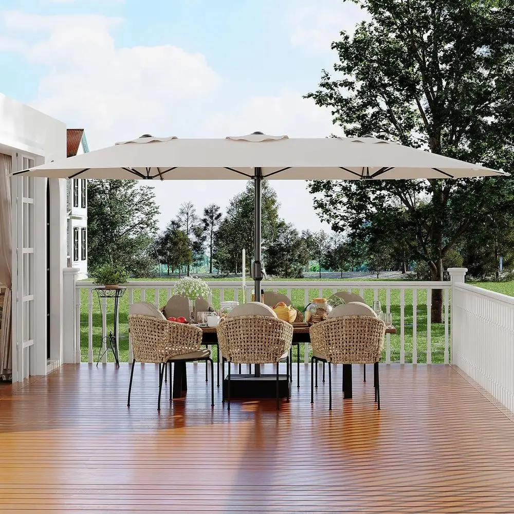 Ombrellone da giardino extra large impermeabile da 15 piedi con manovella e base - stecche antiruggine, copertura in 100% poliestere