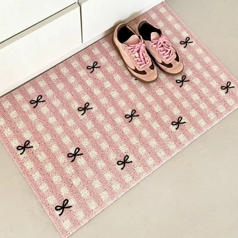 

New Plaid Bow Knot Door Mat Korean Ins Waterproof Carpet Anti Slip Resistant To Dirt Silk Ring Mat PVC Bathroom Kitchen Carpet