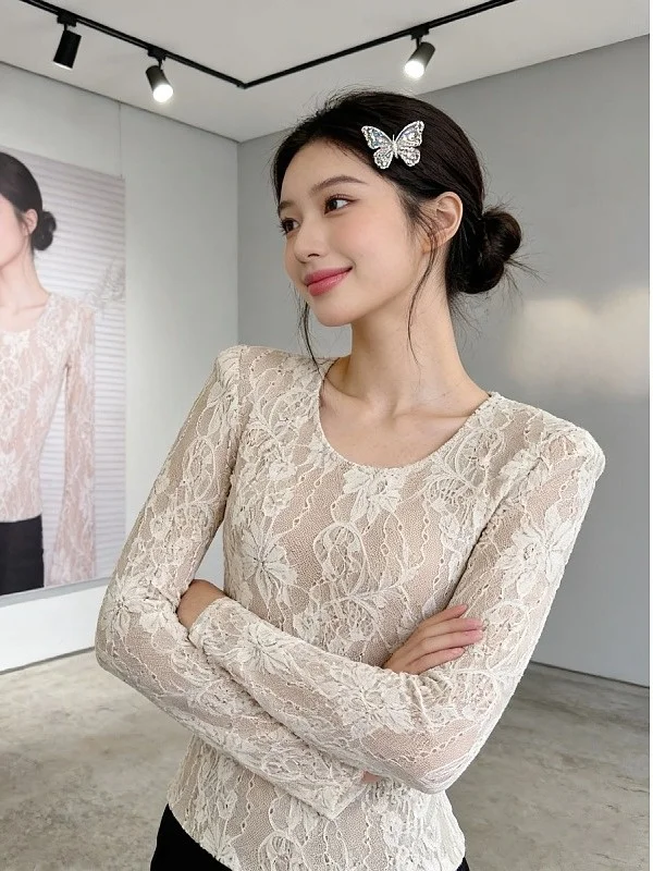 

plus Size Women's Lace Emed Sexy round Ne Long Sve T-irt Slimming Base irt Top for Autumn Winter Casual Wear