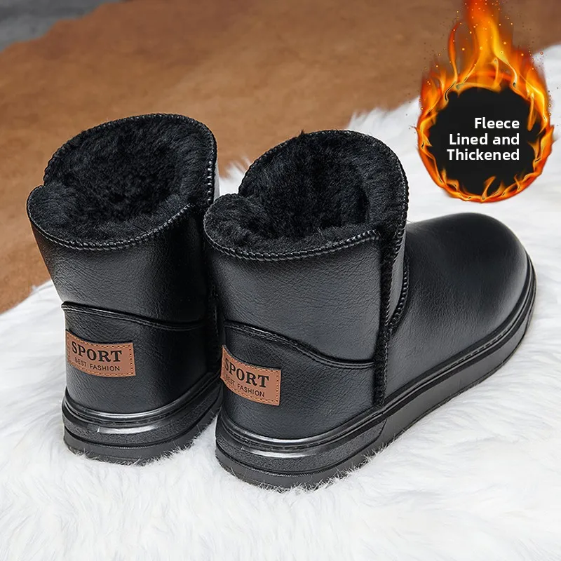 

Women's Winter Thickened Fur Lined Snow Boots Leather Surface Anti-slip Warm Cotton Shoes for Outdoor Casual High Top