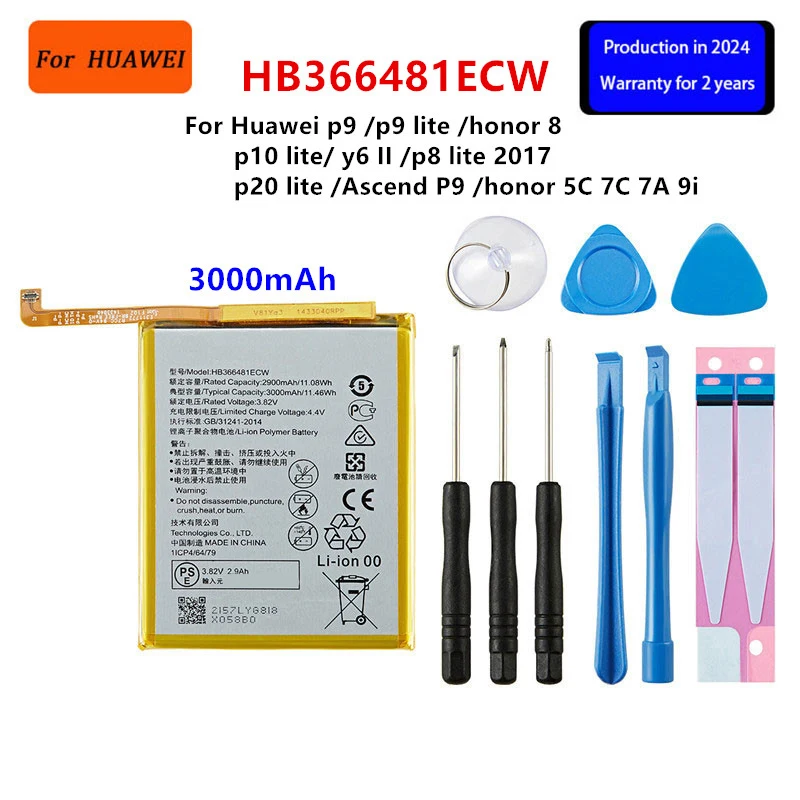 

100% Orginal HB366481ECW Battery For Huawei p9 /p9 lite/ honor 8/ p10 lite/ y6 II /p8 lite 2017/ p20 lite / Ascend P9 Tools