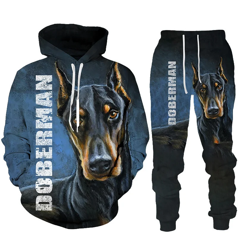Spring and Autumn 3D Doberman Printed Hoodies Sweatpants Men\'s Hooded Sweatshirt Sets Men\'s Sportswear Tracksuit Men\'s Clothing