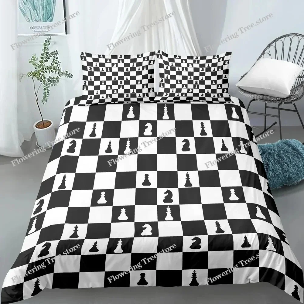 Chess Board Duvet Cover Set 3D Print International Chess Black White Comforter Cover for Kids Boys Girls Polyester Bedding Set