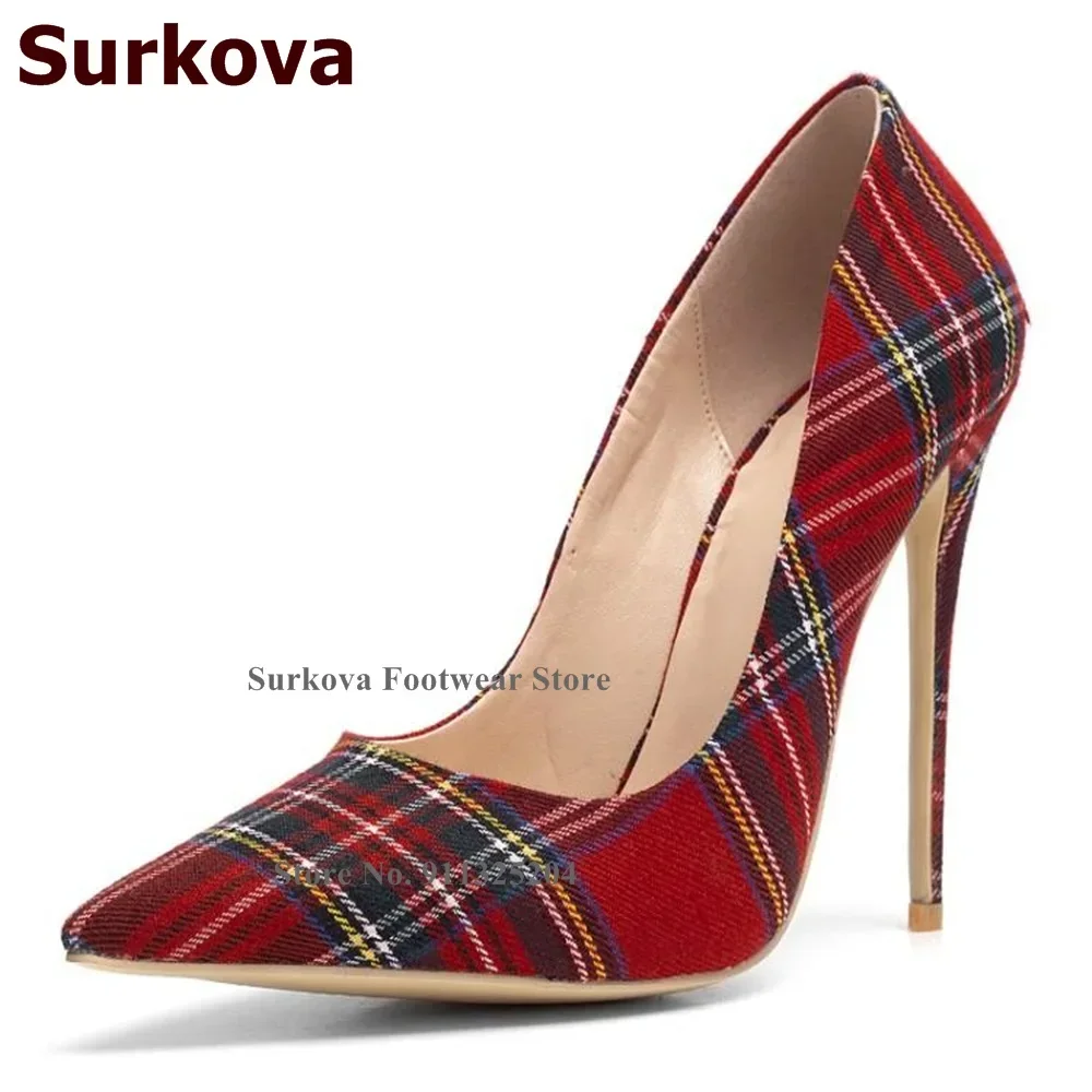 Surkova Elegant Red Green Checkered Cloth High Heel Shoes 12cm 10cm 8cm Real Photo Shallow Pointed Toe Plaid Wedding Pumps US13