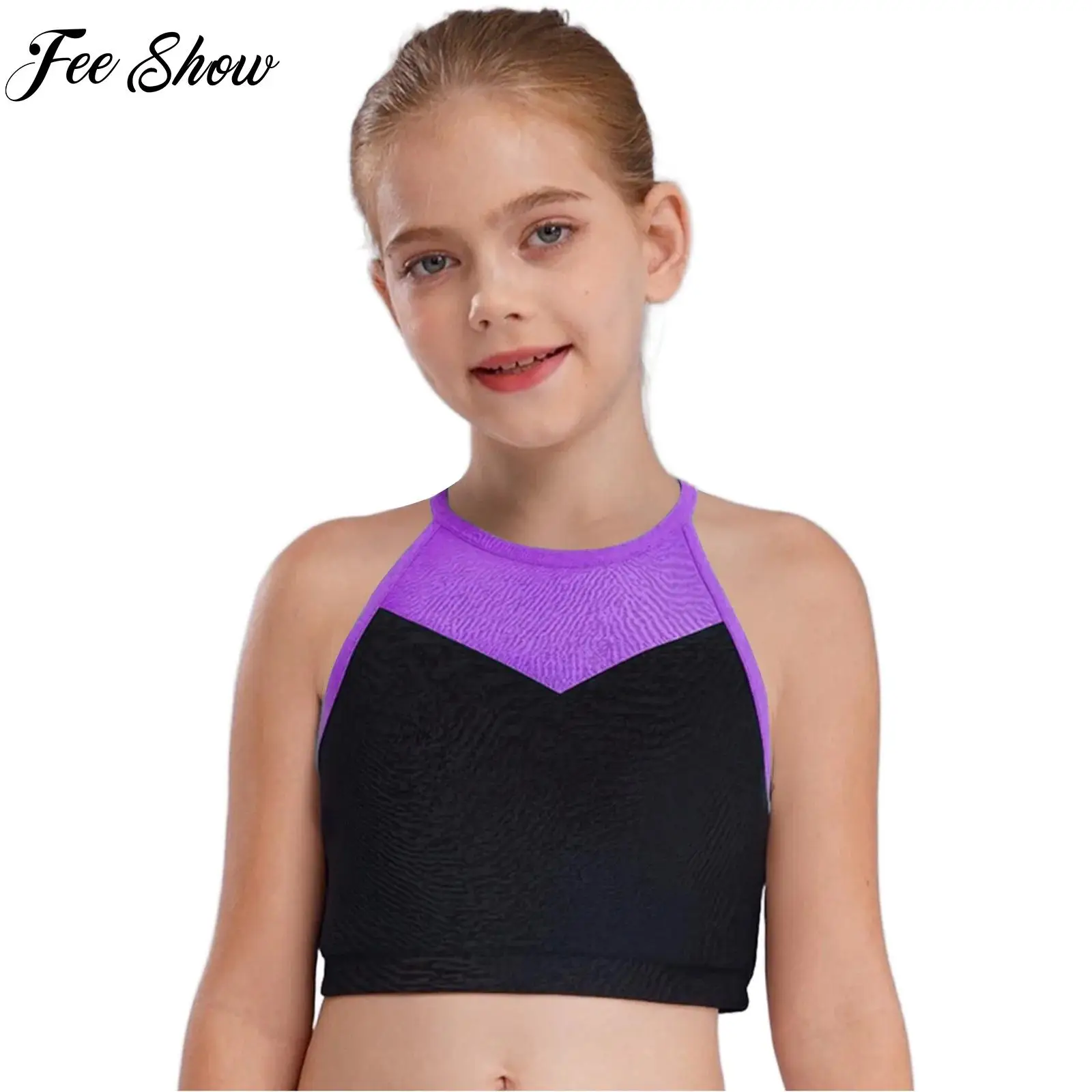 

Children's Color Block Sports Quick-drying Sleeveless Tops Girls Sheer Mesh Cutout Back Crop Top for Workout Running Exercise