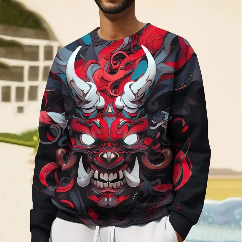 3D Printed Samurai Ghost Mask Sweatshirt For Men Cool Pattern Hoodie Spring Autumn Street Long Sleeved O-Neck Loose Pullovers