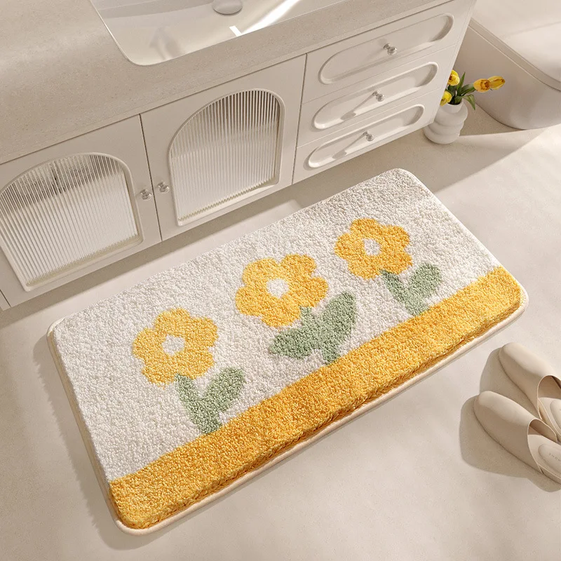 Yellow Flower Bath Mat Set Thick Flocking Microfiber Bathroom Carpet Toilet Foot Mat Non-slip Water Absorbent Rug Doormat