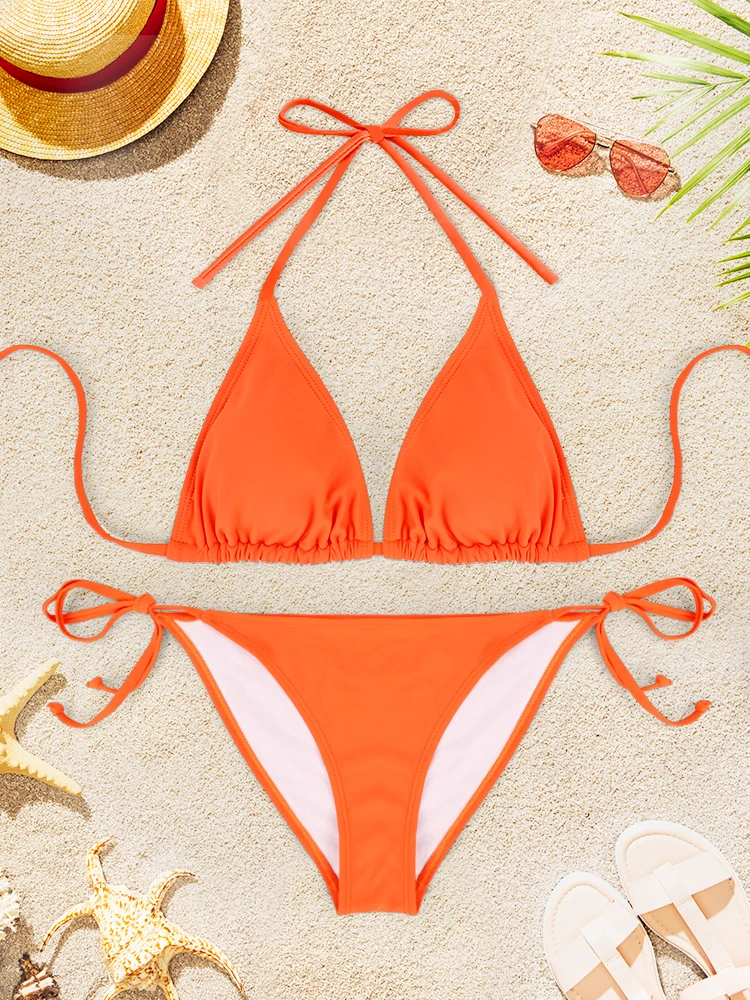 

2Pcs Sexy Bikini Swimsuit For Women Solid Color Swimwear Summer Bathing Suits Females Backless Beachwear Halter Swimwear